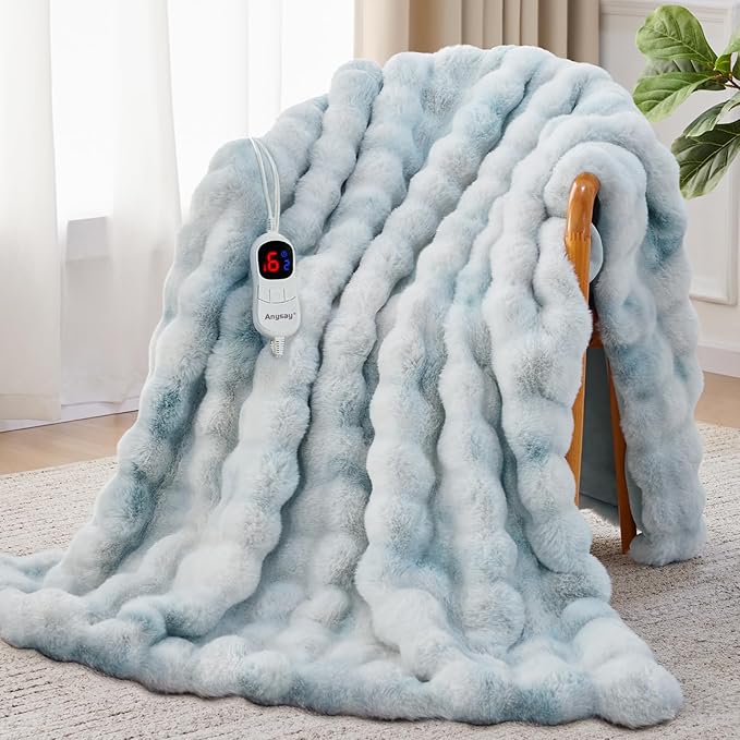 Heated Blanket Throw with 1/2/4/6/8 Hours Auto-Off 10 Heat Level, 72'' * 84'' Cozy Faux Rabbit Fur Bubble Electric Blanket with Overheat Protection(Blue)