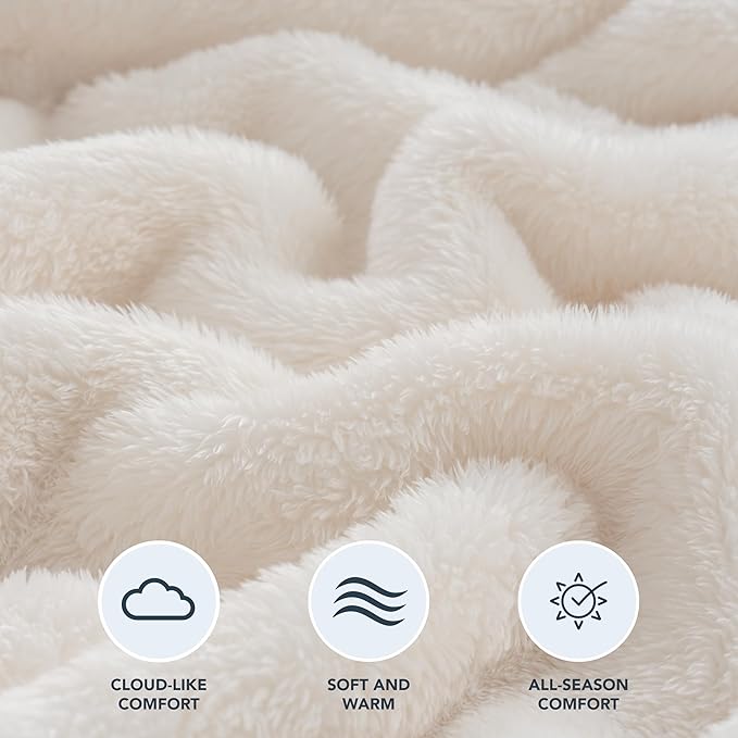 Berkshire Blanket Classic Extra-Fluffy™ Plush Blanket Queen Size, Soft Fuzzy Fluffy Long Hair Blanket for Couch Sofa Bed, Cream, 90x90 Inches