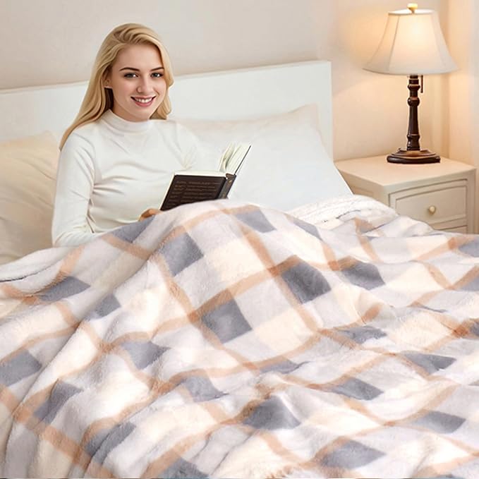 PU MEI Super Soft Faux Rabbit Fur Sherpa Fleece Throw Blanket, Reversible Luxury Cozy Cute Furry Blanket, Plush Warm Shaggy Fluffy Checkered Blankets for Sofa Couch Bed (Grey-Plaid, 60" x 80")