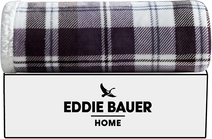 Eddie Bauer - Throw Blanket, Reversible Sherpa Fleece Bedding, Home Decor for All Seasons, Oeko-Tex Certified (Trailhead Plaid Purple, Throw)