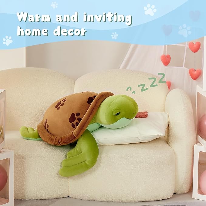Muiteiur 28Inch Sea Turtle Stuffed Animal, Large Plush Pillow Toy, Soft Stuffed Turtle with Cute Footprints, for Kids