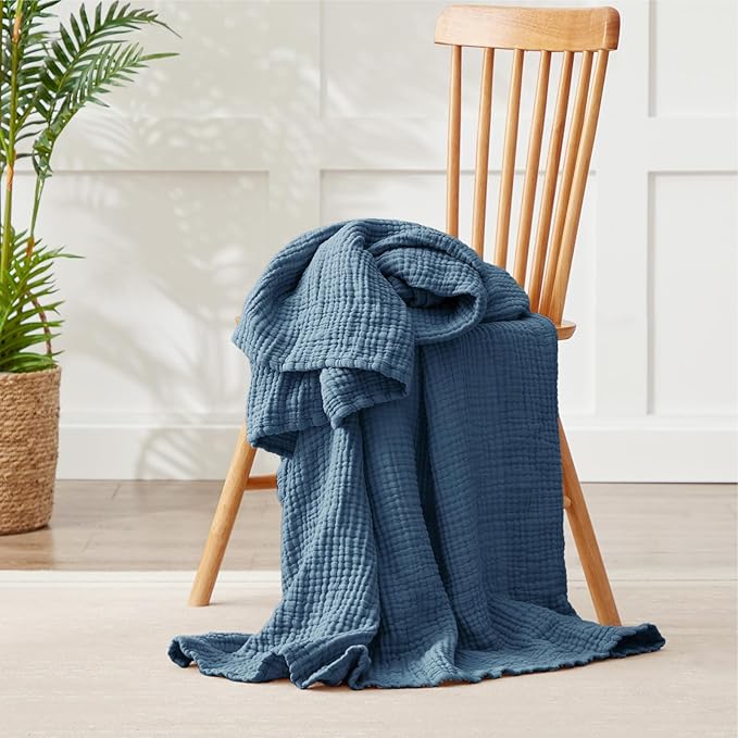 100% Cotton Light Blue Throw Blanket 50" x 70", 6 Layers Large Breathable and Lightweight Cotton Blanket for Couch, Soft Quilt Bedspread, Gauze Blanket for Adults All Season, Blue