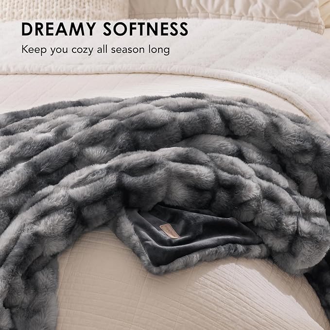 EVERGRACE Luxurious Soft Faux Rabbit Fur Throw Blanket, Cozy Fuzzy Plush Warm Throws for Couch Bed Sofa Chair Home Decor, Ruched Bubble Fluffy Blanket with Reversible Velvet, 60" x 80", Gray