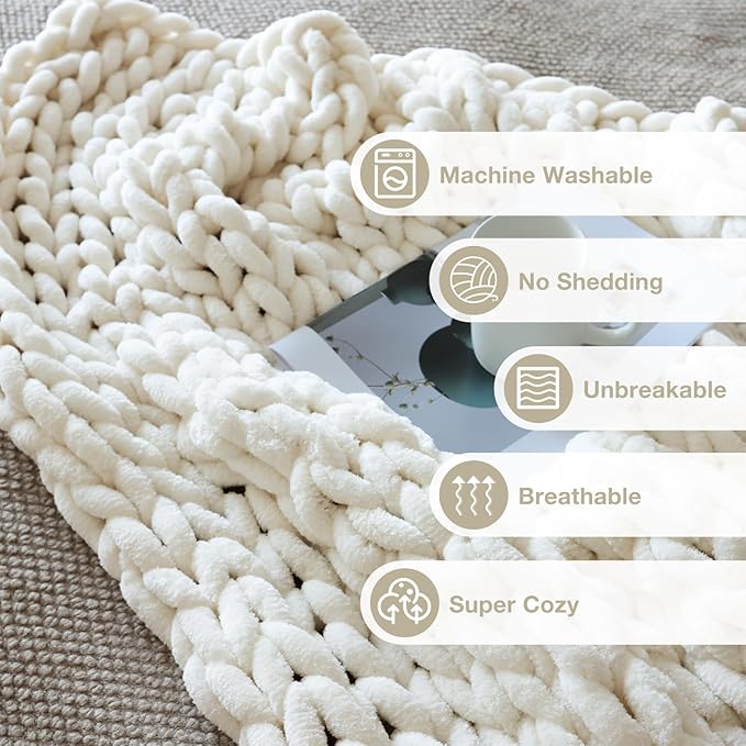 Soft Chunky Knit Blanket, 60X80 in Handmade Thick Chenille Yarn Throw Without Shedding & Raveling, Aesthetic & Cozy Home Decor with Couch Sofa Bed, Gift Pack, Ivory White