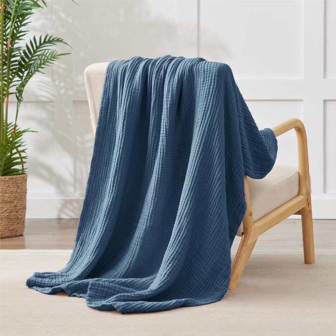 100% Cotton Light Blue Throw Blanket 50" x 70", 6 Layers Large Breathable and Lightweight Cotton Blanket for Couch, Soft Quilt Bedspread, Gauze Blanket for Adults All Season, Blue