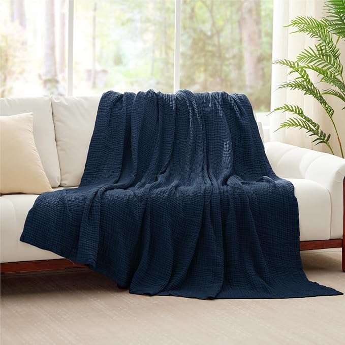 100% Cotton Muslin Blanket King 108" x 90", 6 Layers Breathable and Lightweight Cotton Throw Blanket for Bed, Soft Quilt Bedspread Coverlet, Gauze Blanket for Adults All Season, Navy
