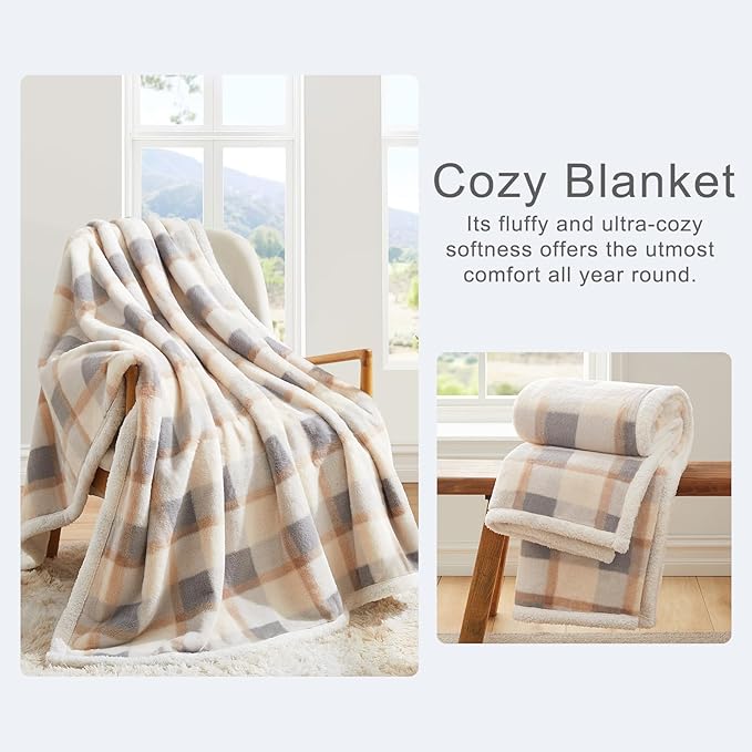 PU MEI Super Soft Faux Rabbit Fur Sherpa Fleece Throw Blanket, Reversible Luxury Cozy Cute Furry Blanket, Plush Warm Shaggy Fluffy Checkered Blankets for Sofa Couch Bed (Grey-Plaid, 60" x 80")