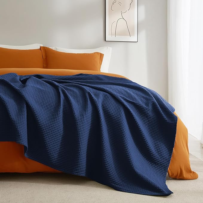 PHF Pre-Washed Cotton Waffle Weave Blanket Twin Size for Bed,Snag Proof Throw for Couch Spring Summer Lightweight Breathable,Oeko-TEX Certified,Machine Washable,Home Decor Gift-Bright Navy Blue
