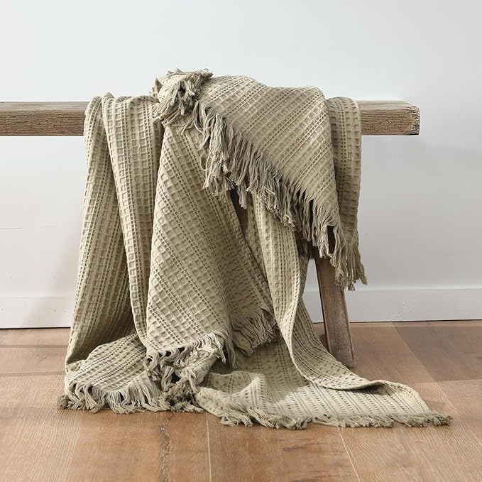 100% Cotton Waffle King Blanket with Fringe 104"x90", Pre-Washed Waffle Weave Blanket for All Season, Lightweight Breathable Soft Cozy Throw Blanket for Couch, Bed, Travel (Sage Green)