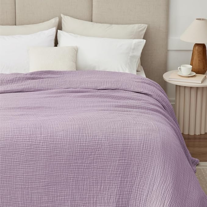 100% Cotton Muslin Blanket King 108" x 90", 6 Layers Breathable and Lightweight Cotton Throw Blanket for Bed, Soft Quilt Bedspread Coverlet, Gauze Blanket for Adults All Season, Lavender