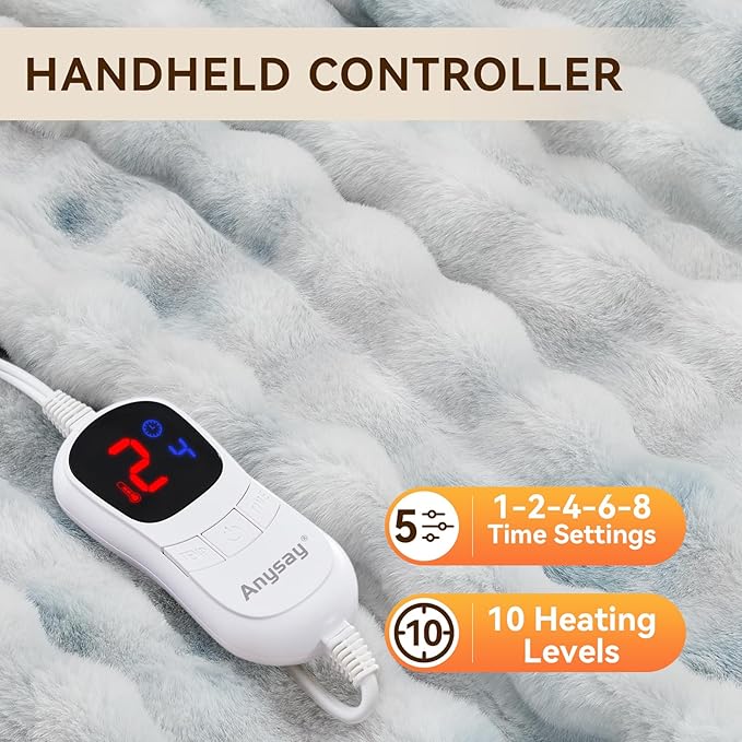 Heated Blanket Throw with 1/2/4/6/8 Hours Auto-Off 10 Heat Level, 72'' * 84'' Cozy Faux Rabbit Fur Bubble Electric Blanket with Overheat Protection(Blue)