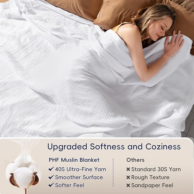 PHF 100% Cotton Muslin Throw Blanket Large 50" x 70", 4-Layer Lightweight and Breathable Blanket for Summer, Luxuriously Soft Gauze Throws for Couch, Natural Minimalism Style, Ideal Gift, White