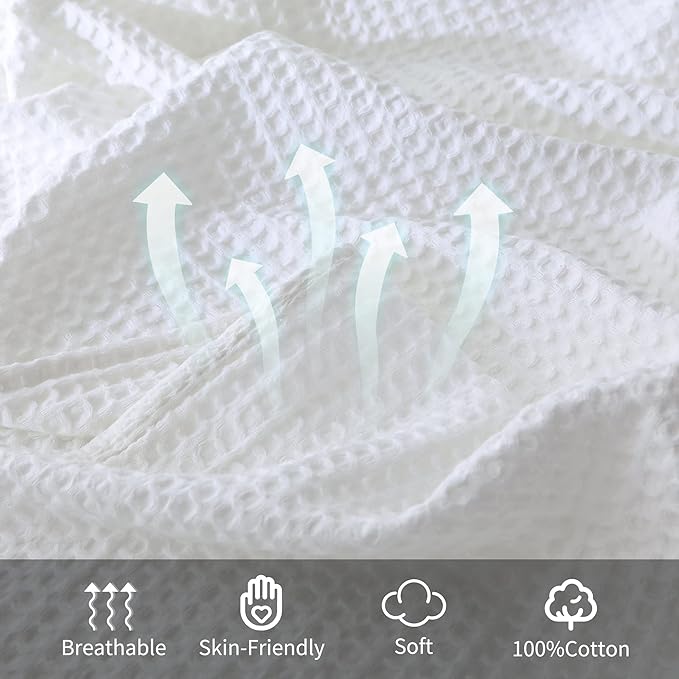 100% Cotton Waffle Blanket (White - Queen Size - 90 * 90''), Pre-Washed and Anti-Shrinkage Soft Lightweight Bed & Couch Blanket, 380 GSM Waffle Weave Throw Blanket for All Seasons