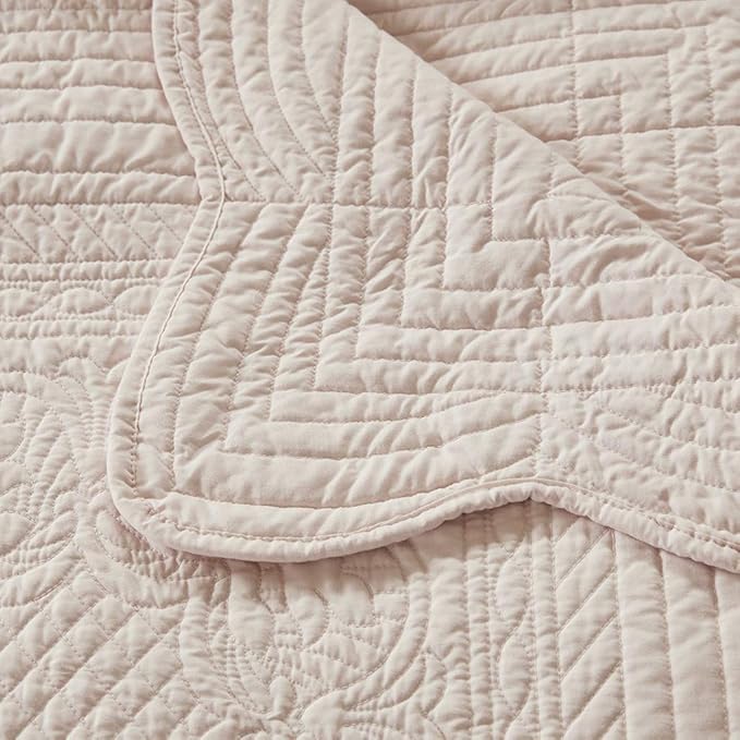 Madison Park Cotton Filled Spread, Ultra Soft, Cozy Living Room Couch, Sofa, Bed Luxe Quilted Throw Blanket-Damask Stitching Design, 60x72, Scalloped Edges Blush