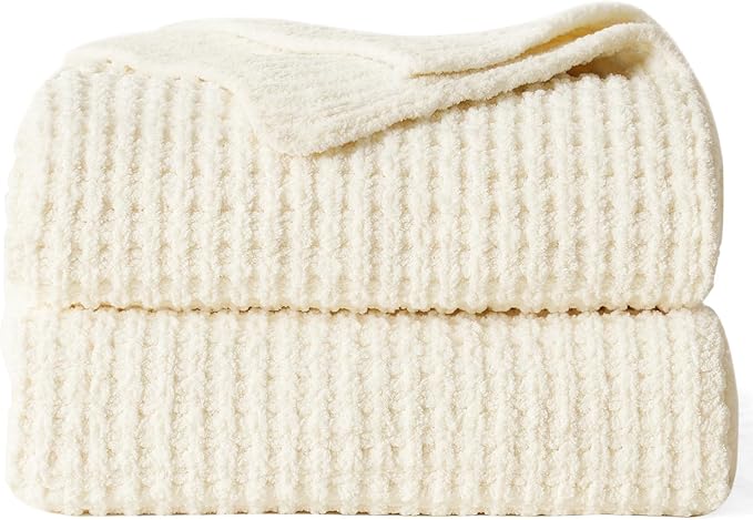 PHF Chenille Waffle Knit Throw Blanket- Plush Warm & Cozy 50" x 60" Ultra Soft Blanket- Chunky Fluffy Waffle Throws for Couch Bed Sofa - Cream