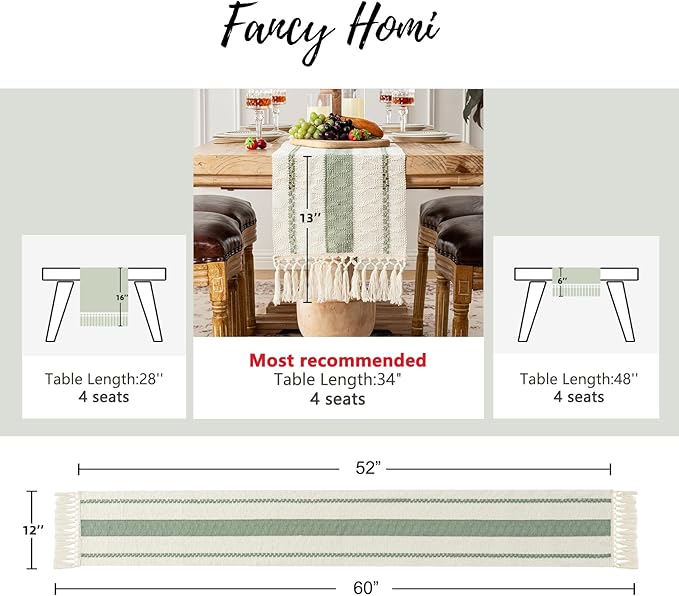 Fancy Homi Sage Green Table Runner 60 Inches Long Boho Macrame Table Runner for Home Decor, Farmhouse Table Runners with Tassels for Party Bohemian Rustic Bridal Shower Dining Decor 12x60 Inches