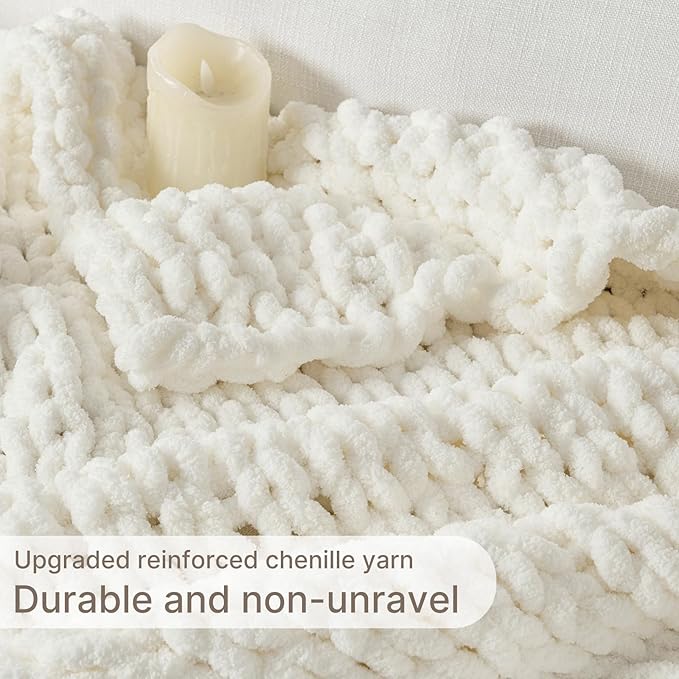 Chunky Knit Blanket Throw, 100% Hand Knit Throw Blanket Handmade Chenille Cable Knit Throw for Couch, Stylish Cozy Soft Rope Knot Crochet Blanket for Home Decor, Ivory, 50x60 Inches