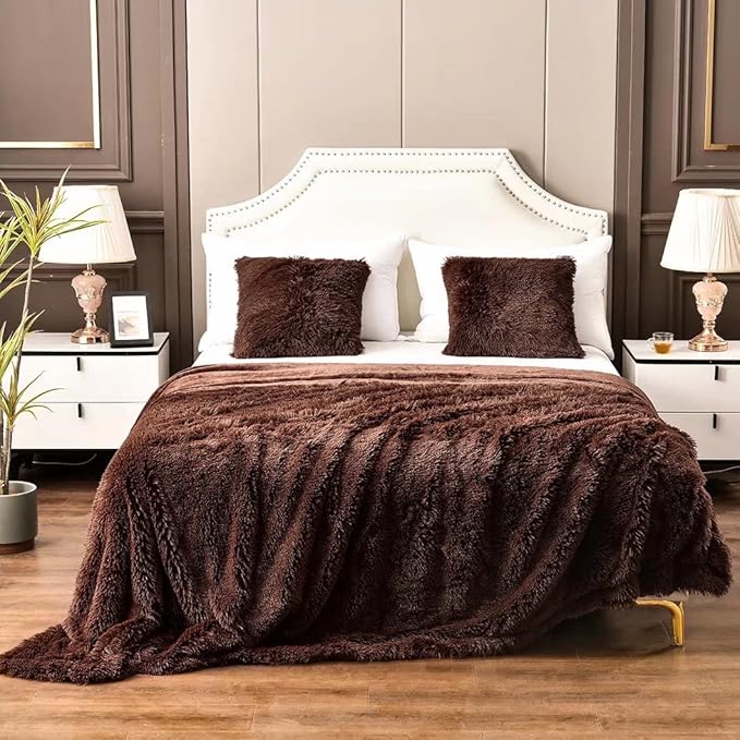 YUSOKI Brown Queen Faux Fur Blanket,2 Layers,90"x90" Without Pillows Big Soft Plush Fuzzy Large Warm Fluffy Throw Blanket for Bed