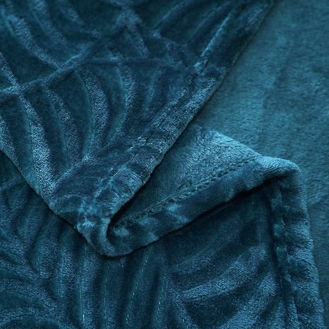 SOCHOW Super Soft Flannel Fleece Bed Blanket, Lightweight Cozy Warm Leaves Textured Plush Blanket as Bedspread Coverlet Bed Cover for All Seasons, 90 x 90 Inches, Blue Coral