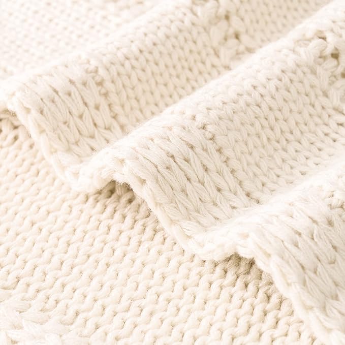 RECYCO Cable Knit Cream White Throw Blanket Twin Size for Couch, Super Soft Warm Cozy Decorative Knitted Throw Blanket 3.6LB for Bed, Sofa, Chair Large 60"x80"