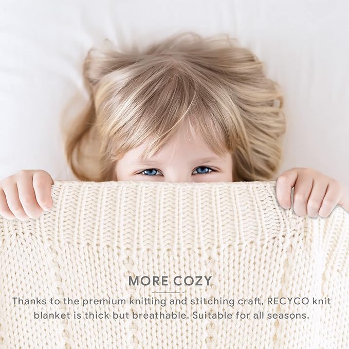 RECYCO Cable Knit Cream White Throw Blanket Twin Size for Couch, Super Soft Warm Cozy Decorative Knitted Throw Blanket 3.6LB for Bed, Sofa, Chair Large 60"x80"