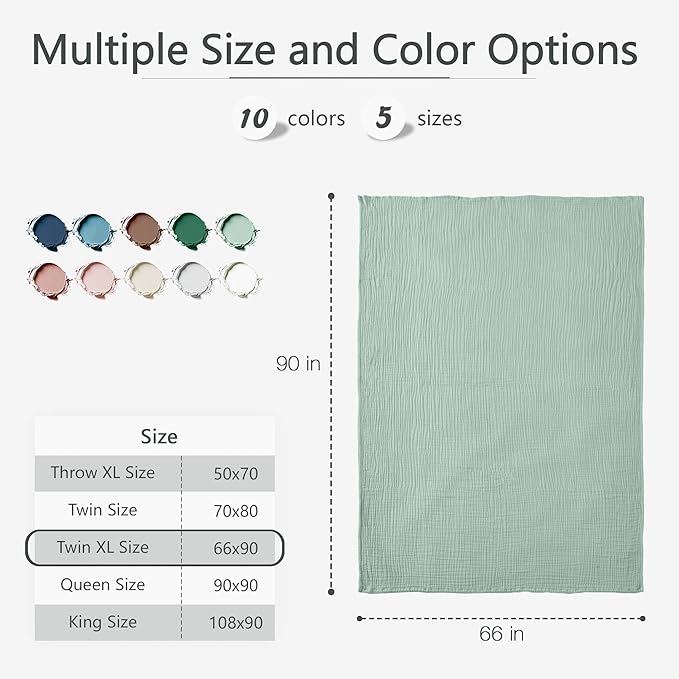 Carriediosa 100% Cotton Muslin Throw Blanket 66" X 90" Twin XL Size,4-Layers Summer Gauze Throws for Bed Couch,Soft Lightweight Breathable Linen Blankets Bedspread for Adults All Season,Sage Green