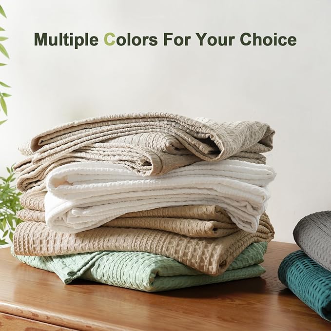PHF Lightweight Waffle Weave Blanket Queen Size, Breathable & Ultra Soft, 90"x 90" Soft & Cozy Thin Blanket, Perfect for Summer & Hot Sleepers, Bed, Home Decor - Natural