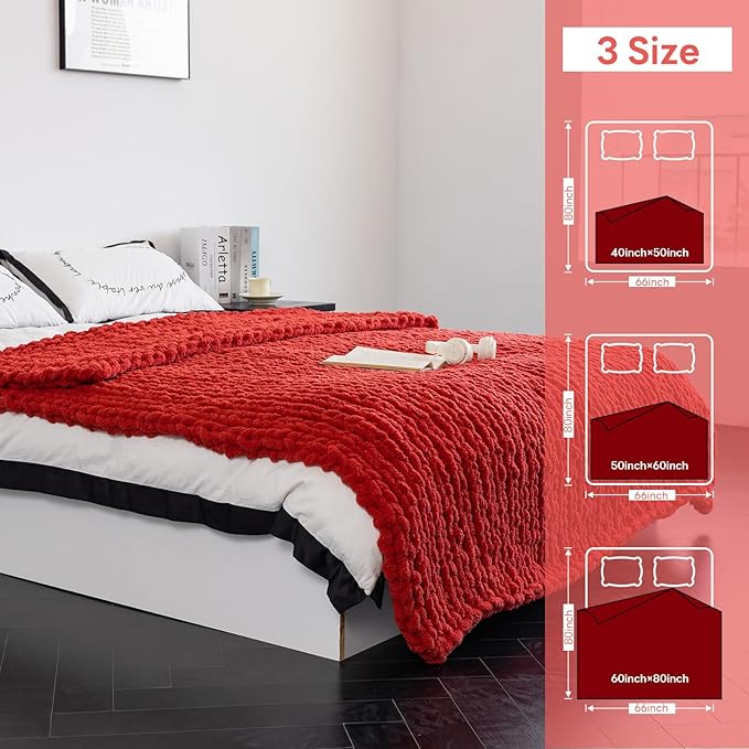 Chunky Knit Blanket - Luxury Soft Cozy Queen Size(50 * 60) Throw Blanket,100% Woven Blanket Rope Knot Throw Blanket for Couch, Sofa, Home Decor, Gift - Machine Washable(Wine red)