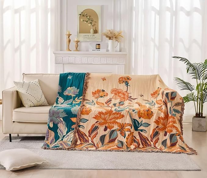 Fall Boho Throw Blanket for Bed 80"x90", 100% Cotton Boho Throws for Couch Sofa, Ultra Soft 4-Layers Woven Muslin Blanket with Floral Printed for All Season,Farmhouse Throws Bed Chair Cover