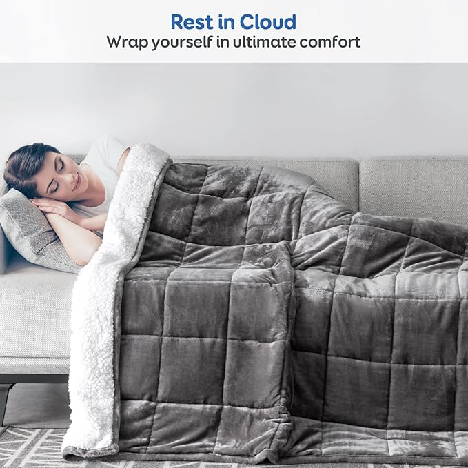 Cottonblue Sherpa Fleece Weighted Blanket 12lbs, Flannel Cozy Plush Bed Throw, Fuzzy Sherpa Flannel Bedding Blankets Throw, Minky Soft Blankets for Sofa Bed, 48 x 72 inches, White Grey