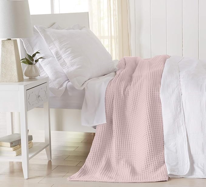 100% Cotton Twin Size Bed Blanket - Pink Waffle Weave Lightweight Summer Layering - 90x66in Prewashed Breathable, Woven (Twin, Blush)