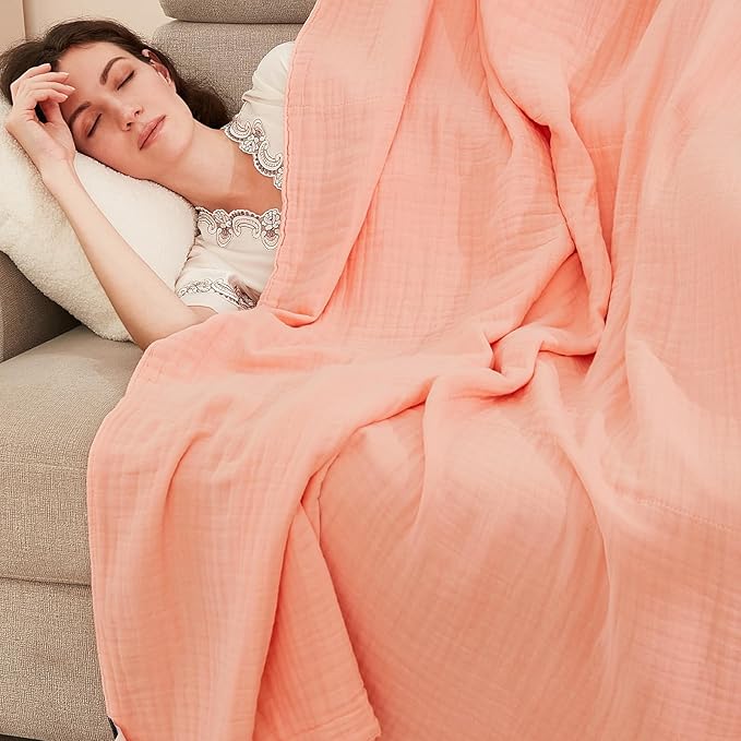 EMME Cotton Throw Blanket for Couch Soft Muslin Blankets 50"x60" Lightweight Breathable Blanket All Season Gauze Blanket, Pink