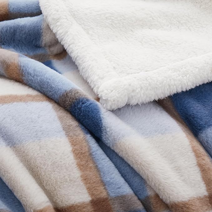 PU MEI Super Soft Faux Rabbit Fur Sherpa Fleece Throw Blanket, Reversible Luxury Cozy Cute Furry Blanket, Plush Warm Shaggy Fluffy Checkered Blankets for Sofa Couch Bed (Blue-Plaid, 80" x 90")