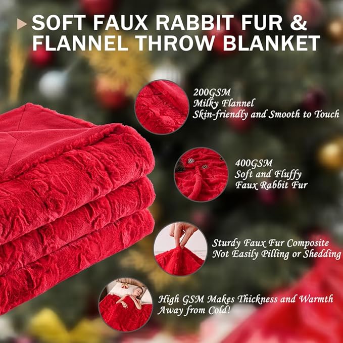Krifey Oversized Faux Fur Blanket, Super Soft Cozy Blanket, Luxury Fluffy Throw Blanket Fuzzy Bed Throw, Plush Christmas Blanket Gift for Women, Red, 60" x 80"