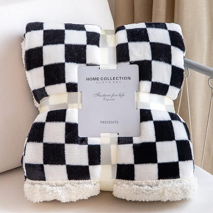 LOMAO Sherpa Throw Blanket Fleece Blanket with Checkered Pattern Soft Thick Blanket for Couch, Bed, Sofa Luxurious Warm and Cozy for All Seasons (Black, 60"x80")