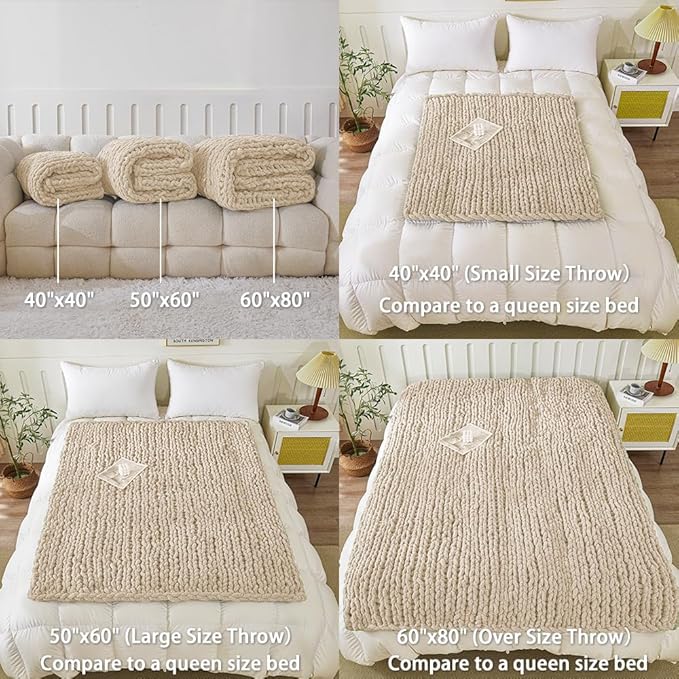 WESHIONGOO Chunky Knit Blanket Throw Knitted Throw Blankets for Couch Bed Fluffy Soft Blanket with Jumbo Chenille Yarn Thick 100% Handmade (Linen, 50"×60")
