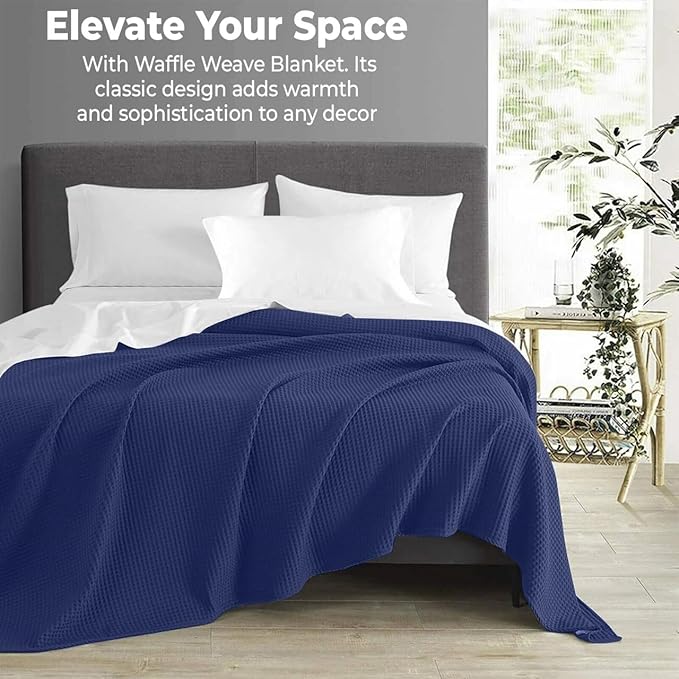 100% Cotton Blankets Throw Size for Bed - Waffle Weave Blankets for Summer, Lightweight and Breathable Soft Woven Blanket for Spring (Navy, Throw (50" x 60")