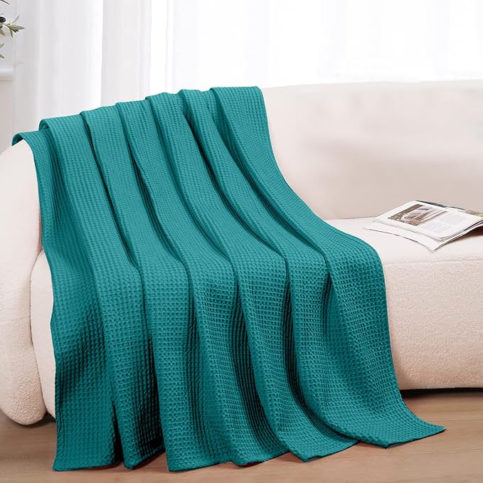 100% Cotton Blankets for Throw Size Bed - Waffle Weave Blankets for Summer, Lightweight and Breathable Soft Woven Blanket for Spring (Teal, Throw (50" x 60")
