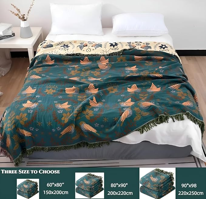Organic Cotton Boho Throw Blankets for Bed,Sofa, Fall Throw Blankets Soft Cozy Cotton Quilted Blankets for All Season 80"x90",Versatile Ultra Soft Farmhouse Decor Blankets for Travel,Couch,Sofa