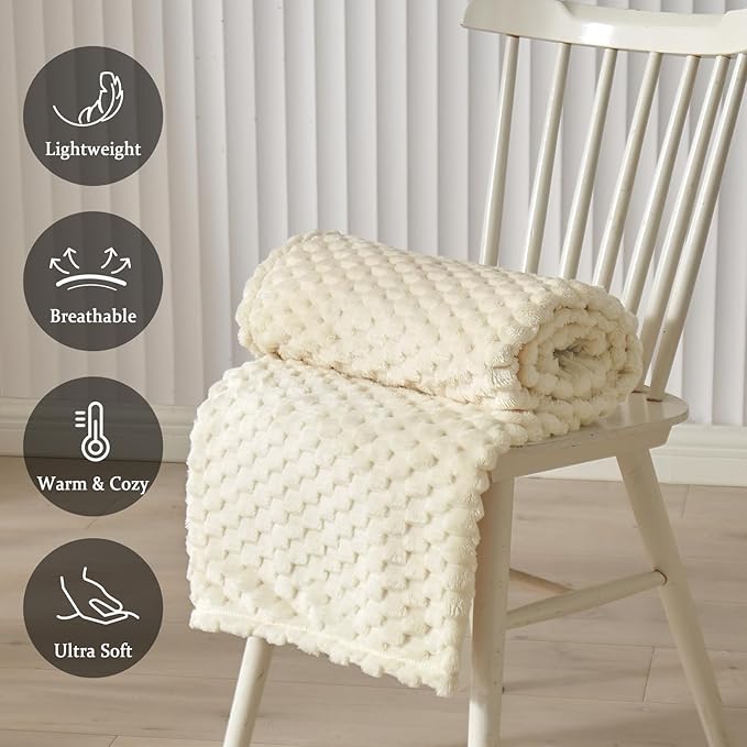 PHF Ultra Soft Flannel Fleece Throw Blanket, Lightweight 3D Jacquard Fleece Blanket, No Shedding, No Pilling, Luxury 340GSM Aesthetic Fluffy Cozy Throws for Couch Room Decor, 50"x60", Cream