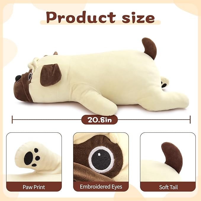 MaoGoLan 21 inch Pug Stuffed Animal Dog Plush Body Pillow for Girls, Beige French Bulldog Stuffy for Kids Christmas Valentine's Day Gift