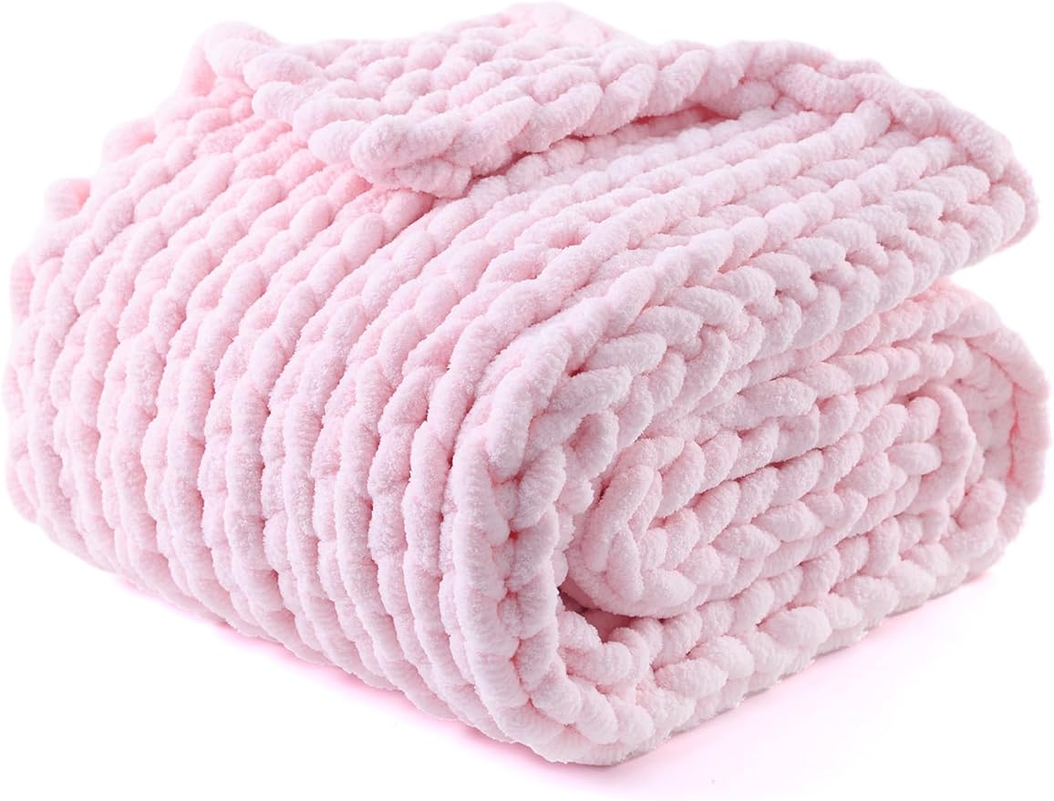 YnM Chunky Throw Blanket, Medium-Weight, Hand Knitted with Chenille Yarn, Skin Friendly, Ventilated and Breathable, Machine Washable, Home Décor Piece for Couch, Sofa and Bed (Petal Pink, 60x80 Inch)