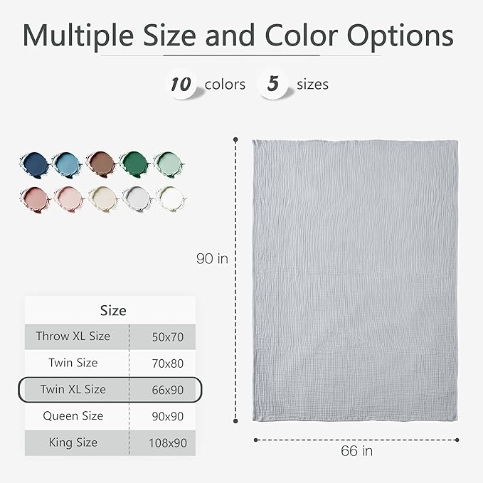 Carriediosa 100% Cotton Muslin Throw Blanket 66" X 90" Twin XL Size,4-Layers Summer Gauze Throws for Bed Couch,Soft Lightweight Breathable Linen Blankets Bedspread for Adults All Season,Grey