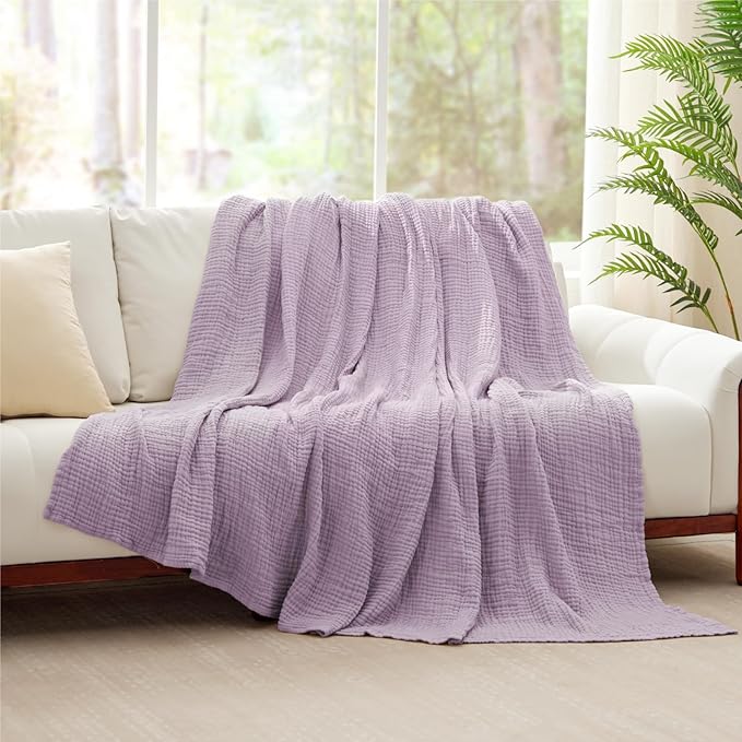 100% Cotton Muslin Blanket King 108" x 90", 6 Layers Breathable and Lightweight Cotton Throw Blanket for Bed, Soft Quilt Bedspread Coverlet, Gauze Blanket for Adults All Season, Lavender