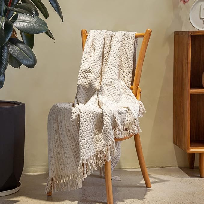100% Cotton Waffle Blanket with Fringe, Pre-Washed Waffle Weave Blanket for All Season, Lightweight Breathable Soft Cozy Throw Blanket for Couch, Bed, Travel (Beige - 50x60 Inches)