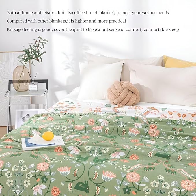 Green Boho Throw Blankets for Bed Couch, 100% Organic Cotton Breathable Woven Throw Blankets 80"x90", Versatile Boho Quilt for Travel Picnic,Home Decor Lightweight Farmhouse Muslin Blankets