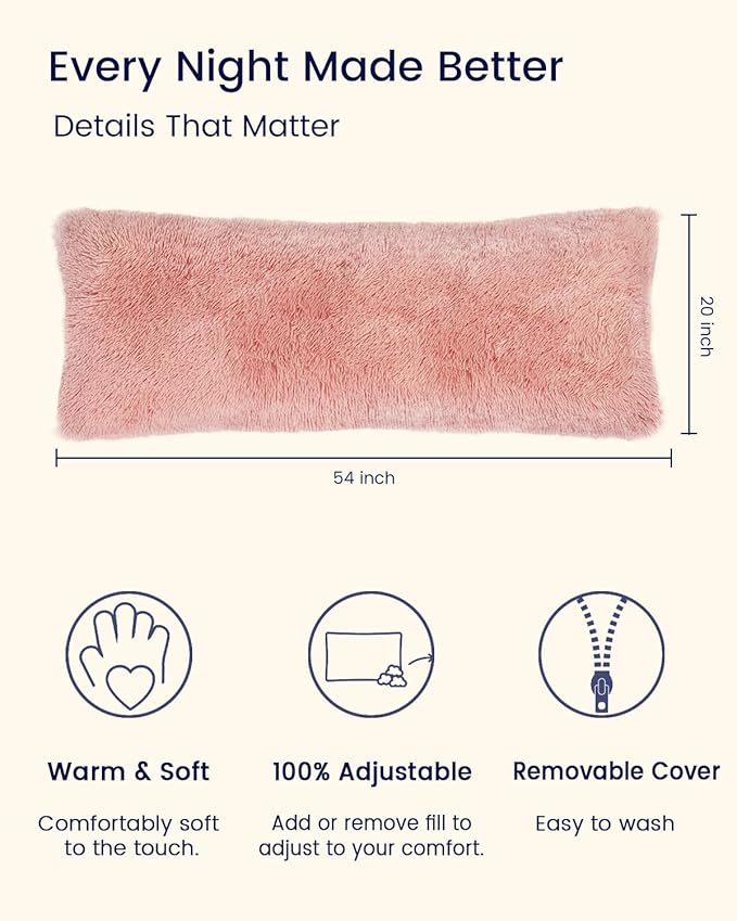 ZonLi Fluffy Body Pillow, Full Body Pillows for Adults, Long Pillow for Sleeping with Removable Cover and Adjustable Filling for Side Sleeper & Pregnancy,Large and Firm Pillow, Machine Washable(Pink)