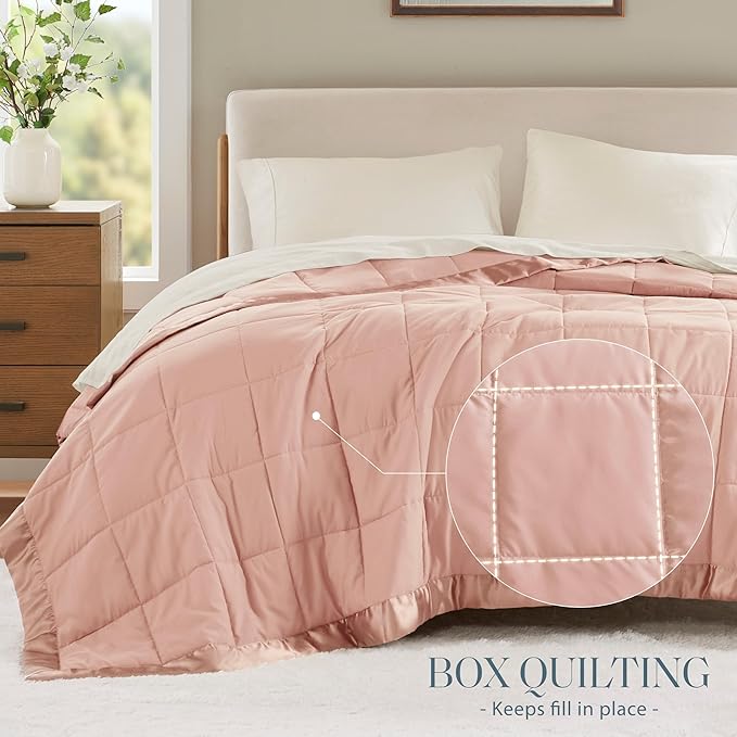Madison Park Windom Down Alternative Blanket, Premium 3M Scotchgard Moisture Wicking Treatment, Lightweight and Soft Bed Cover For All Season, Satin Trim, Blush King