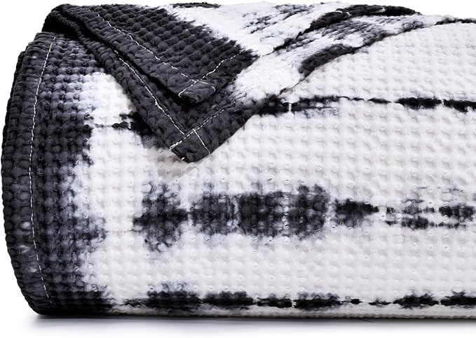 PHF 100% Cotton Tie-dye Waffle Weave Blanket King,Soft Breathable Skin-Friendly Durable Layering for All Season, Manual Elegant Delicate Pattern for Bed, Home Decor, Couch,Tie Dyed Charcoal, 104x90