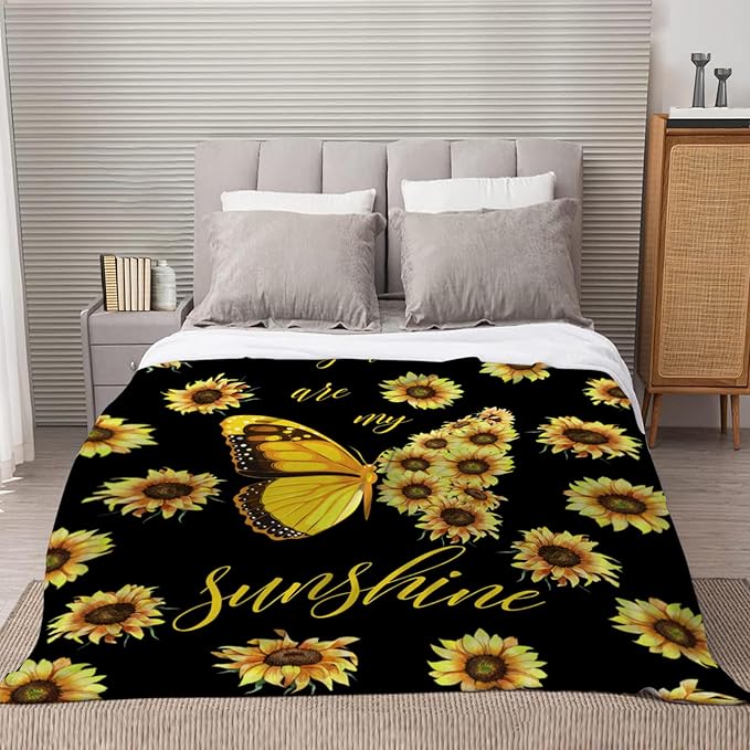 YeeJu Sunflower Throw Blanket Queen Size Yellow Floral Butterfly Blanket for Bed Couch Cozy Soft Fuzzy Plush Fleece Blankets Big Large Decorative Spring Summer Blanket Gift for Women 90x90